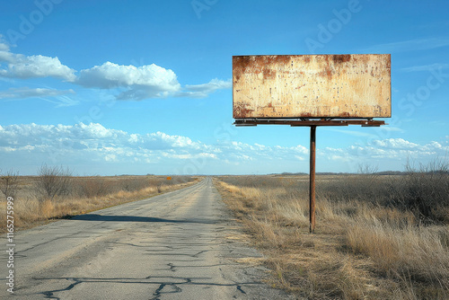 Empty billboard overlooking deserted country road under blue sky