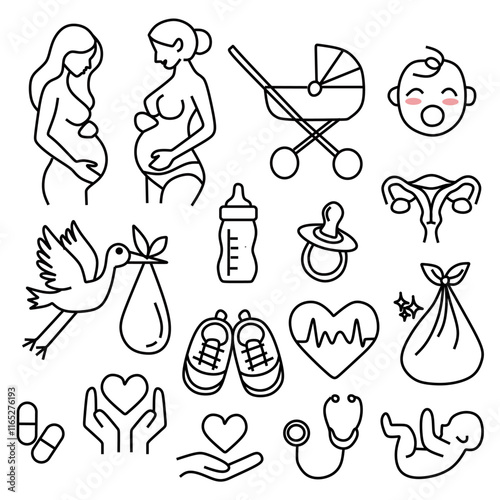 set of pregnant women and new born baby vector icon. elements of pregnant women and newborn babies consisting of pregnant women, babies, baby carriages, baby bottles, baby carriers, baby shoes