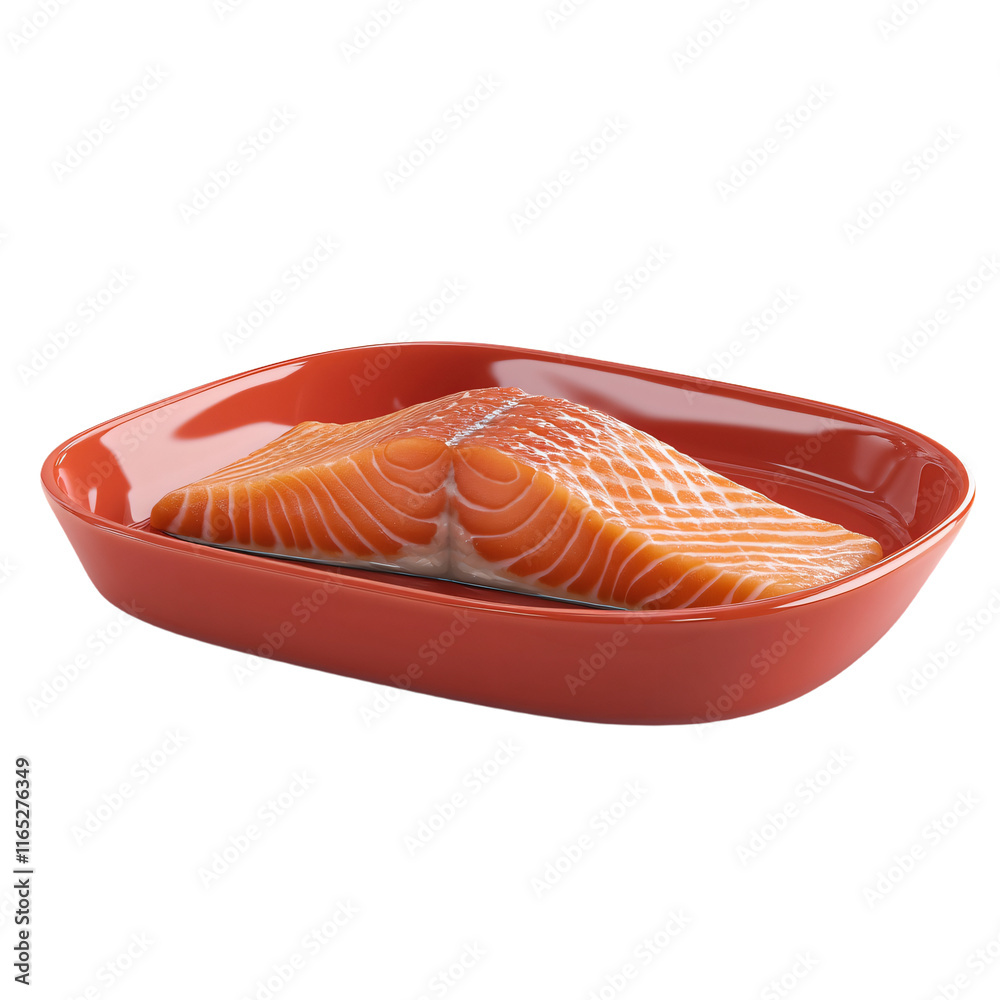 a piece of salmon in a red dish a piece of salmon in a red dish