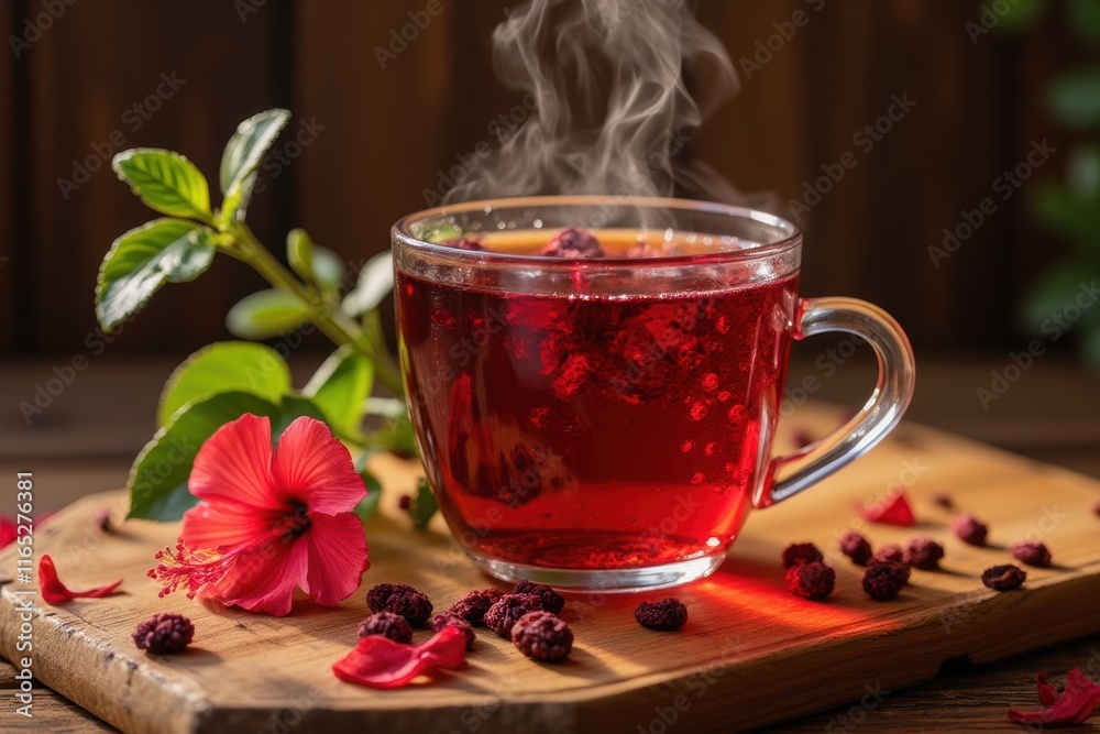 Aromatic Herbal Tea with Steam and Flowers on Wooden Table Aromatic Herbal Tea with Steam and Flowers on Wooden Table