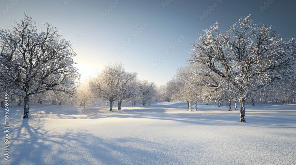 Snowy Winter Landscape Sunrise over Frost Covered Trees Snowy Winter Landscape Sunrise over Frost Covered Trees