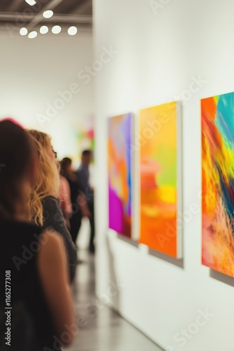 art gallery grand opening with blurred attendees admiring vibrant modern paintings on clean white walls
