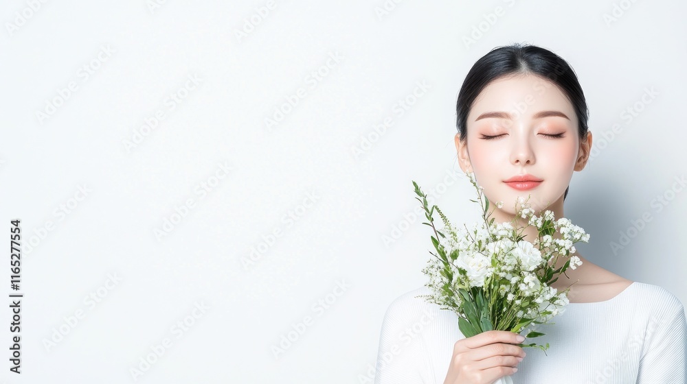 A serene woman holding a bouquet of flowers, exuding calmness. A serene woman holding a bouquet of flowers, exuding calmness.