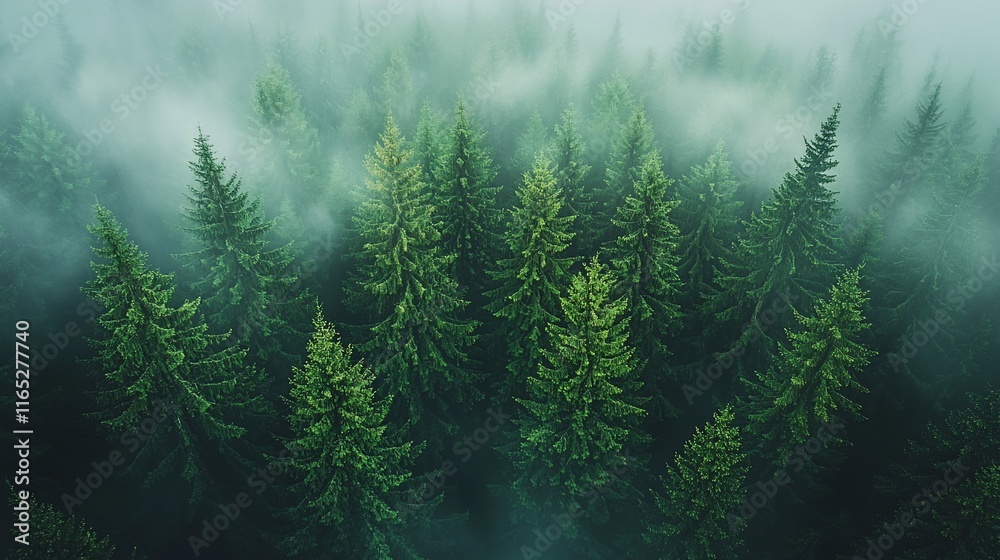 Aerial view of misty evergreen forest.
