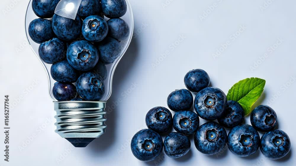 Bunch of blueberries are inside a light bulb. The light bulb is surrounded by a leaf