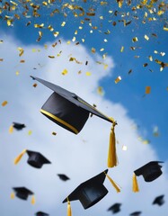 Graduation cap floating in the sky with confetti. Flying graduation caps on the air with golden confetti for graduates colleges party