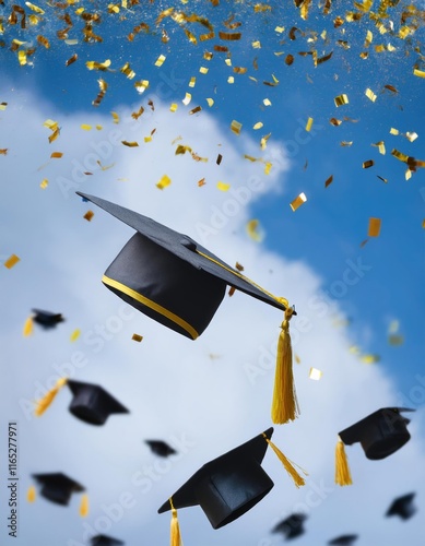 Graduation cap floating in the sky with confetti. Flying graduation caps on the air with golden confetti for graduates colleges party photo