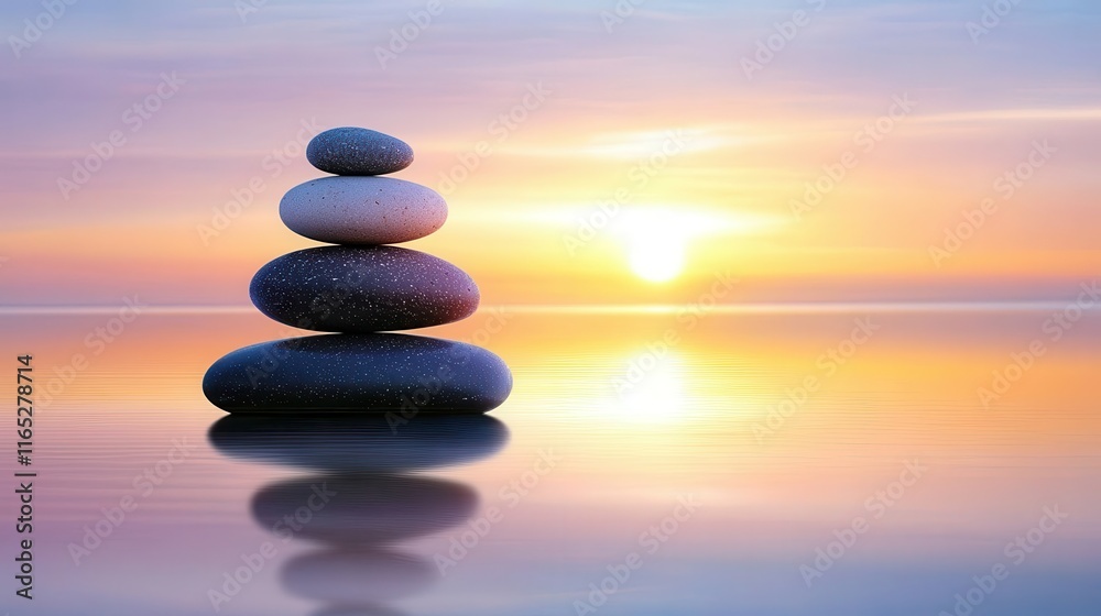 A perfectly balanced stack of smooth stones on a tranquil beach at sunrise, reflecting harmony, patience, serenity, balance A perfectly balanced stack of smooth stones on a tranquil beach at sunrise, reflecting harmony, patience, serenity, balance