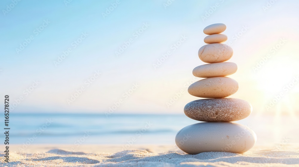 A perfectly balanced stack of smooth stones on a tranquil beach at sunrise, reflecting harmony, patience, serenity, balance A perfectly balanced stack of smooth stones on a tranquil beach at sunrise, reflecting harmony, patience, serenity, balance
