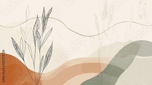 Abstract Botanical Watercolor Landscape with Line Art Plants
