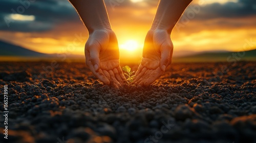 Hands Nurturing a Young Plant Against a Beautiful Sunset Background in a Fertile Field, Symbolizing New Beginnings and Environmental Care