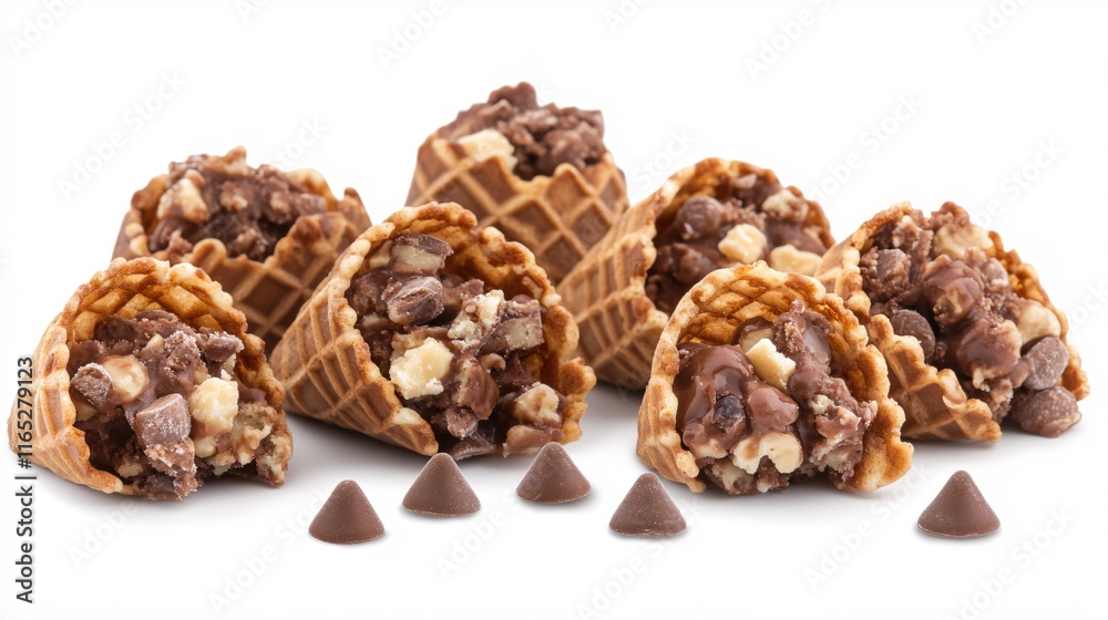 Delicious Chocolate Chip Dessert Cones with Crunchy Filling on White Background Delicious Chocolate Chip Dessert Cones with Crunchy Filling on White Background