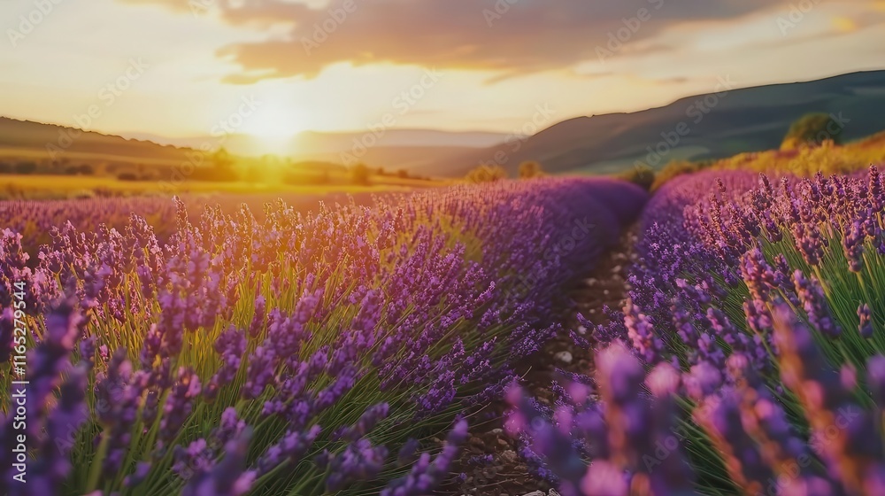 Obraz premium View of a vast lavender field under a gently glowing sky, scent of calm in the air, patience, serenity, balance