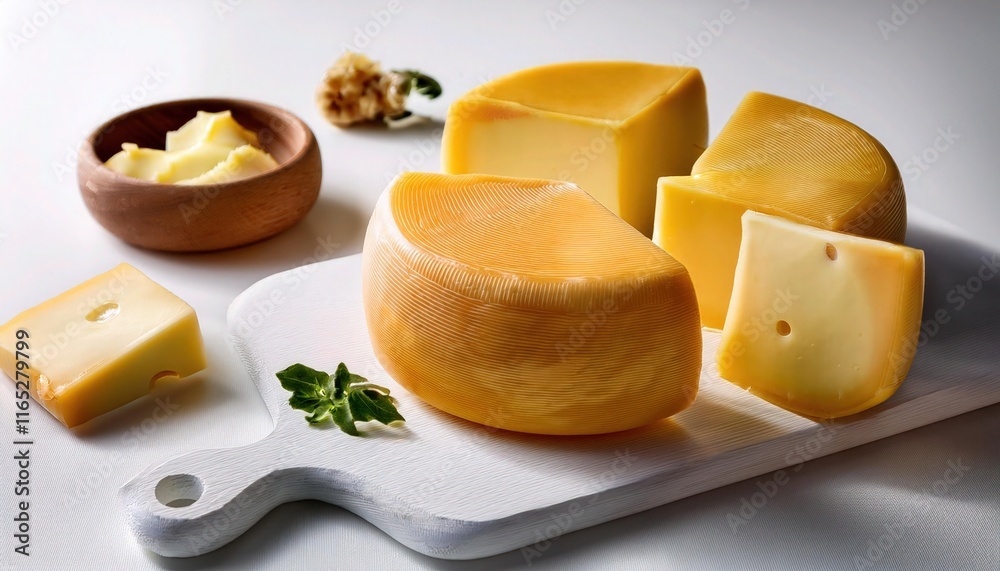 Aesthetic Cheese Wheels Cut into Portions on Plain White Cutting Board Aesthetic Cheese Wheels Cut into Portions on Plain White Cutting Board