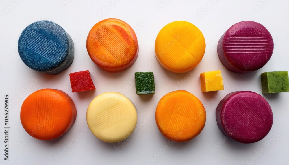 Small Colorful Cheese Samples Arranged Neatly Against Simple White Backdrop Small Colorful Cheese Samples Arranged Neatly Against Simple White Backdrop