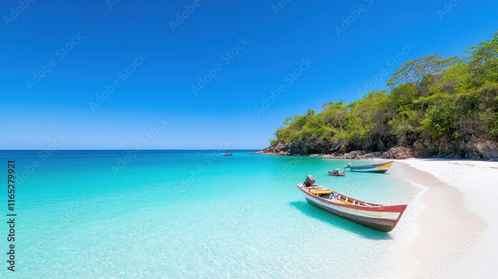 Tropical beach with clear turquoise water and boats on the shore. Tropical beach with clear turquoise water and boats on the shore.