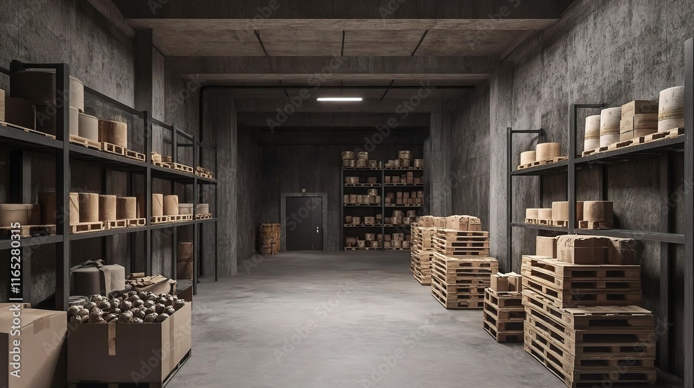Fototapeta premium Modern Warehouse Interior with Concrete Walls and Storage Shelves