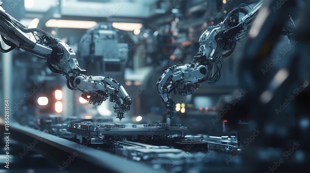 Fototapeta premium Robotic Arms Assembling Metal Parts in a High-Tech Environment