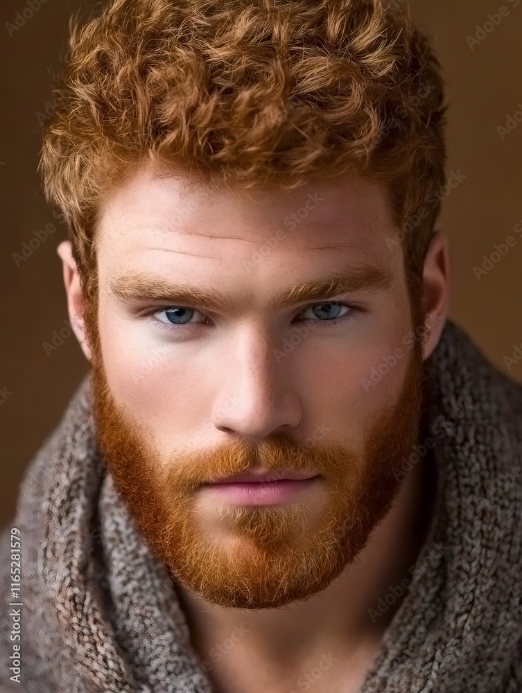Close up portrait of attractive ginger man with curly hair and full beard, wearing sweater, looking confident and serene Close up portrait of attractive ginger man with curly hair and full beard, wearing sweater, looking confident and serene
