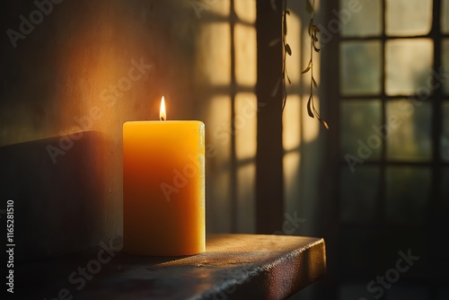 A warm candle glowing softly adds charm to this cozy home ideas scene, enhancing the inviting interior of the house with rich textures and serene lighting.