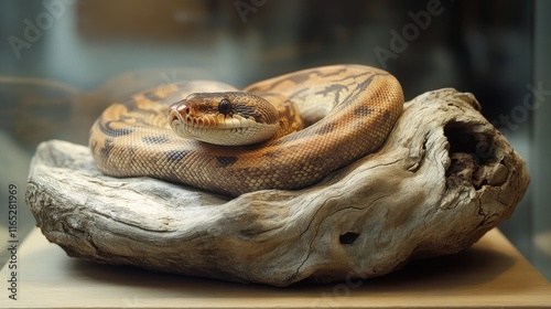 A minimalist enclosure showcasing a ball python coiled elegantly photo