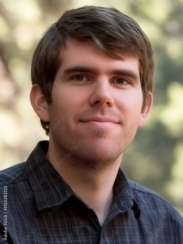 Relaxed young man smiling gently, standing outdoors with blurred green landscape and warm sunlight filtering through trees Relaxed young man smiling gently, standing outdoors with blurred green landscape and warm sunlight filtering through trees
