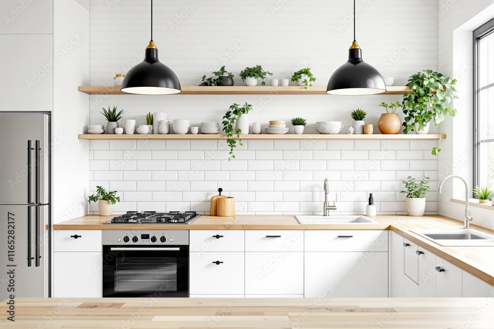 Fototapeta premium Bright modern kitchen interior featuring white cabinets, wooden countertops, open shelves with plants and dishes, and pendant lights. Concept of contemporary home design. Ai generative