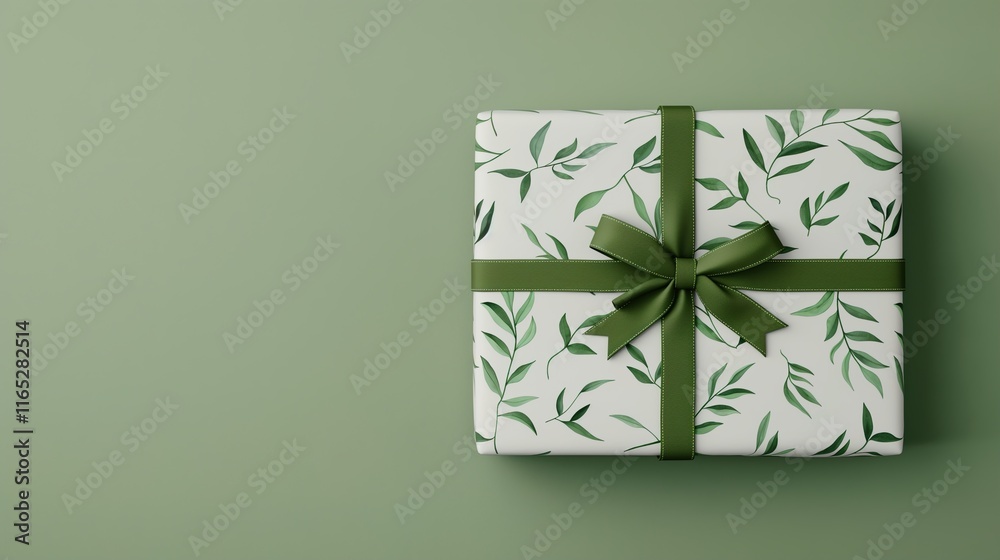 A beautifully wrapped gift box adorned with green leaves on a soft green background, perfect for celebrations and special occasions. A beautifully wrapped gift box adorned with green leaves on a soft green background, perfect for celebrations and special occasions.
