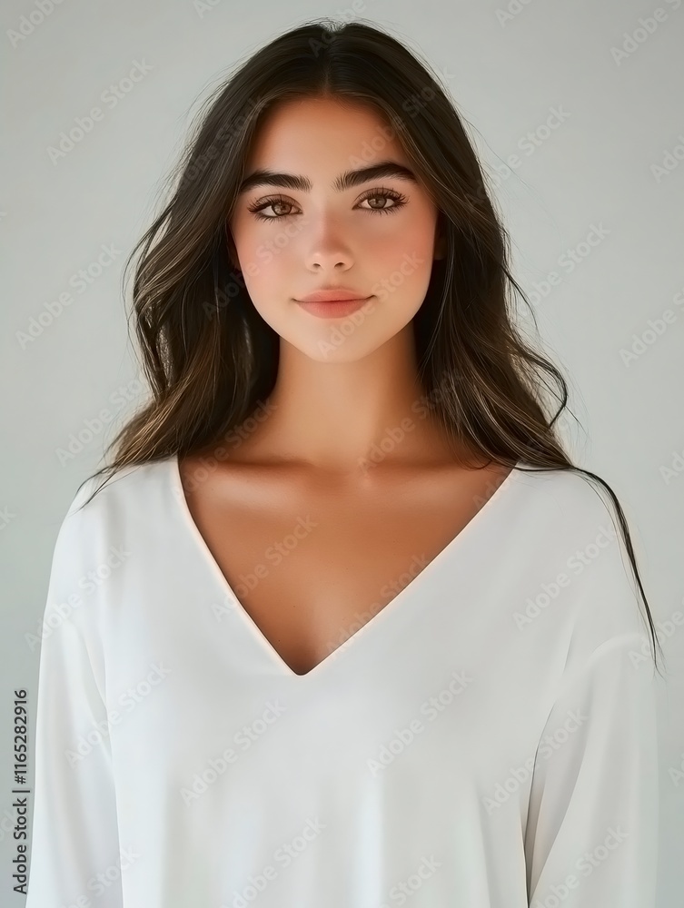 Portrait of a beautiful young Latin woman with long brown hair wearing a white v neck blouse Portrait of a beautiful young Latin woman with long brown hair wearing a white v neck blouse