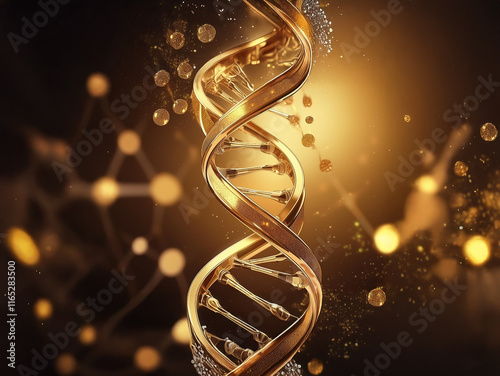 A gleaming golden DNA helix, detailed and elegant, is presented against a dark, subtly glowing background featuring interconnected nodes.  The image evokes concepts of genetic code and scientific adva photo