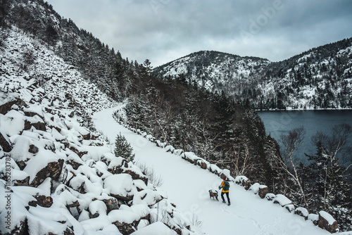 woman and dog walk along snowy carriage trail in Acadia Park, Maine