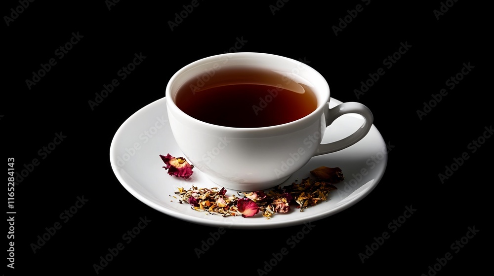 A cup of tea with dried flowers on a saucer. A cup of tea with dried flowers on a saucer.