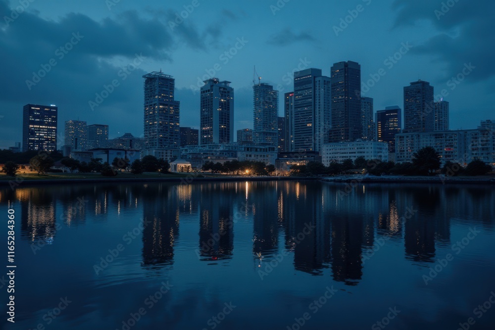 Urban Skyline Reflection at Dusk in Modern City Landscape Urban Skyline Reflection at Dusk in Modern City Landscape