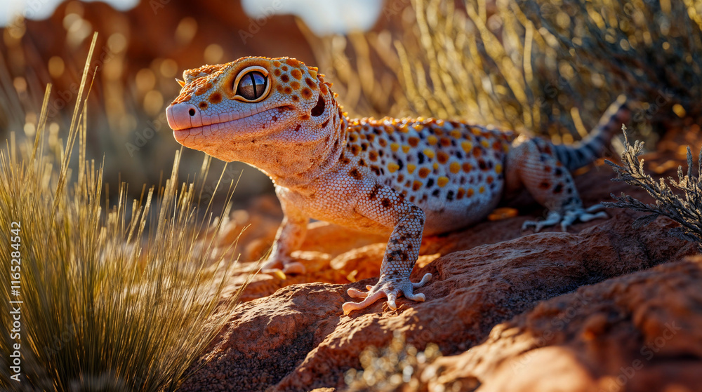Naklejka premium The image features a gecko with a distinctive orange and white pattern, standing on a rocky surface