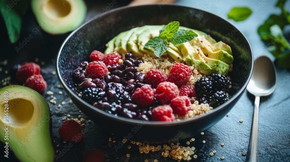 A nutritious breakfast bowl featuring quinoa, black beans, and avocado as alternative protein sources A nutritious breakfast bowl featuring quinoa, black beans, and avocado as alternative protein sources