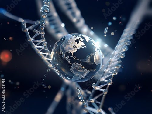 A crystalline globe, representing Earth, is encircled by a DNA double helix structure, suggesting global genetic research or the interconnectedness of life on our planet.  Water droplets adorn the hel photo