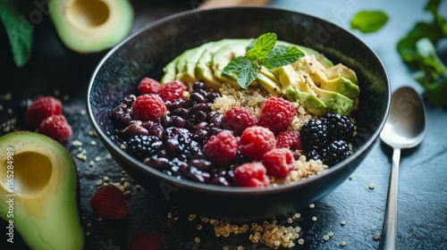 A nutritious breakfast bowl featuring quinoa, black beans, and avocado as alternative protein sources photo