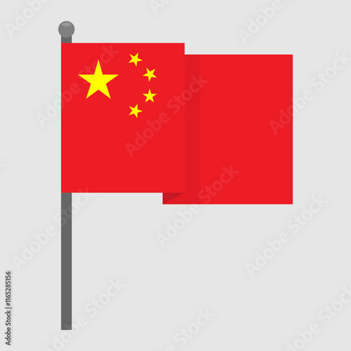 Waving Chinese flag on a gray flagpole. Vector decorative element