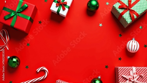 Festive Holiday Scene: Vibrant Red Background with Colorful Christmas Baubles, Presents, Candy Canes, and Starry Confetti