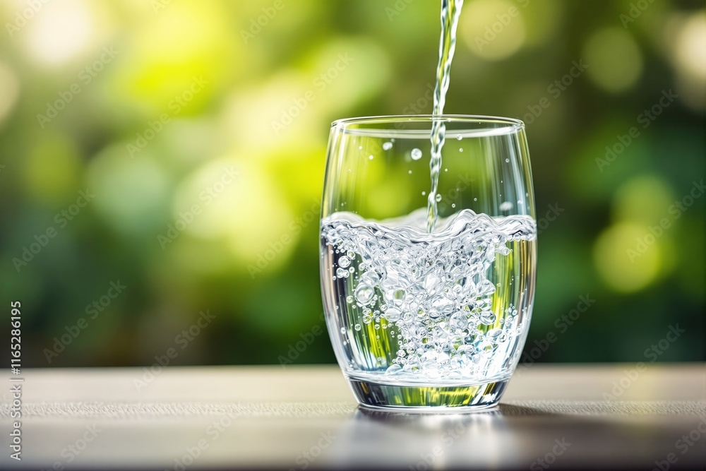 A clear glass being filled with water, creating bubbles, on a table with a blurred green background. Concept of freshness, hydration, purity. Ai generative A clear glass being filled with water, creating bubbles, on a table with a blurred green background. Concept of freshness, hydration, purity. Ai generative