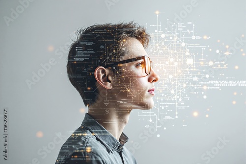 Side view of a young man wearing glasses, overlayed with digital data and neural network graphics, set against a light gradient background. Concept of AI. Ai generative.