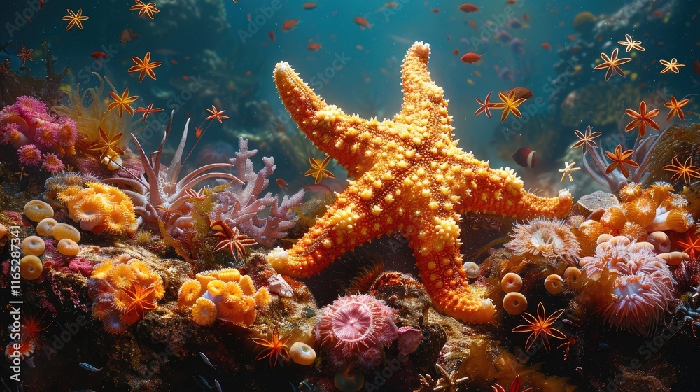 A detailed image of a starfish on a coral reef, highlighting its texture and the vibrant marine life surrounding it A detailed image of a starfish on a coral reef, highlighting its texture and the vibrant marine life surrounding it