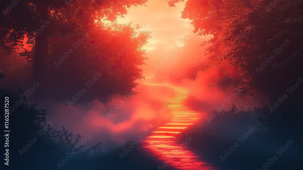 Naklejka premium Mystical path through a foggy forest at sunrise, glowing red light.