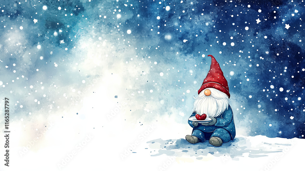 Obraz premium gnome enjoying heart shaped treat in snowy scene