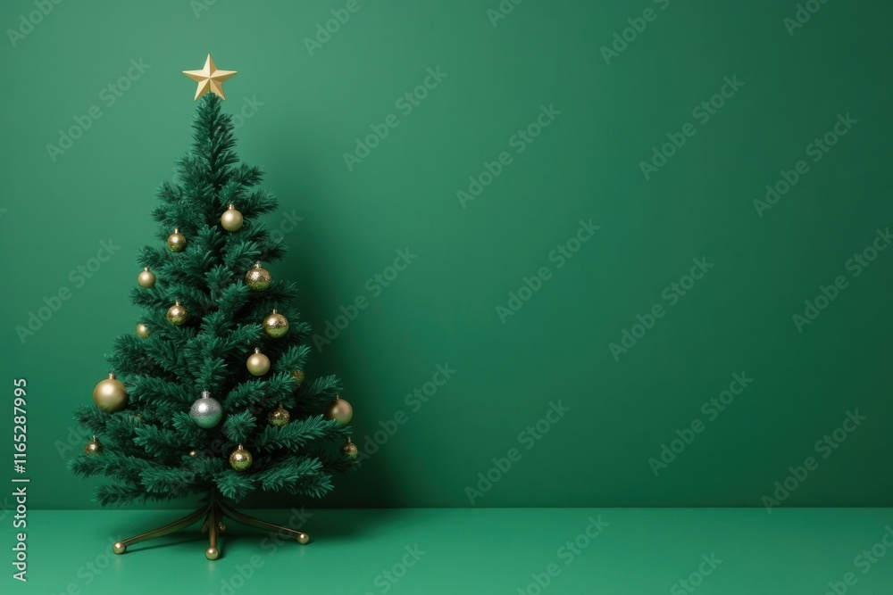 Festive Christmas Tree with Ornaments Against Green Background Festive Christmas Tree with Ornaments Against Green Background