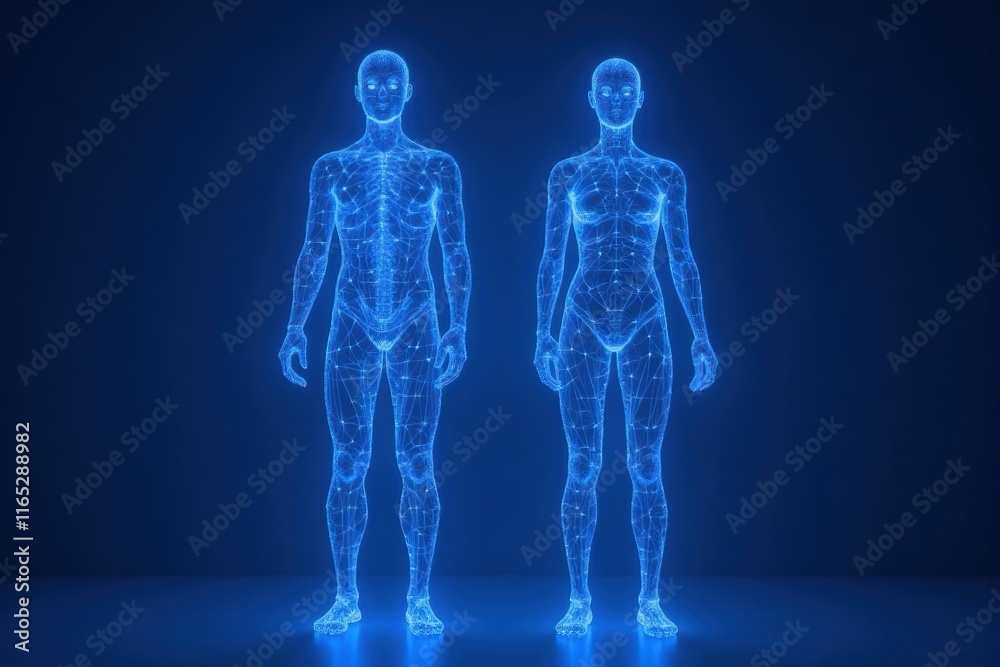 Futuristic Human Figures with Digital Blueprint Visualization Futuristic Human Figures with Digital Blueprint Visualization