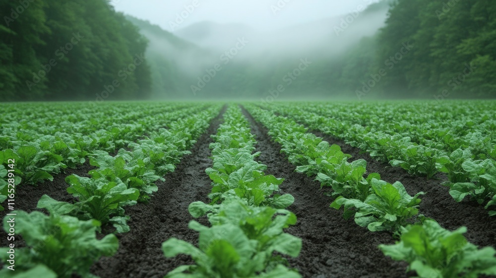 Obraz premium Vibrant Green Lettuce Rows Stretching Across a Misty Farm Landscape Surrounded by Lush Green Mountains and Enveloping Fog in a Serene Agricultural Setting