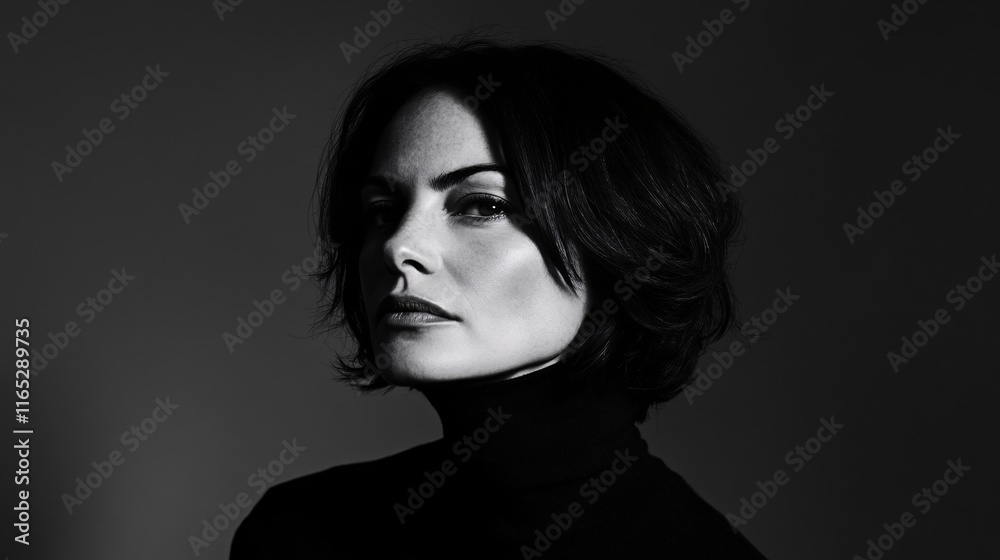 Dramatic Black and White Portrait of a Woman with Edgy Short Hair and Strong Expression Dramatic Black and White Portrait of a Woman with Edgy Short Hair and Strong Expression