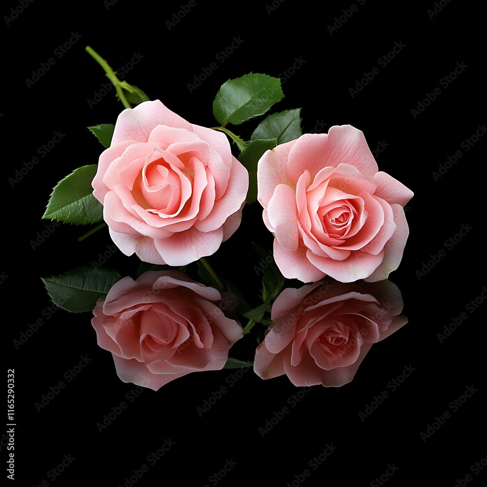 Beautiful pink roses on a black background with reflection. Top view. Beautiful pink roses on a black background with reflection. Top view.