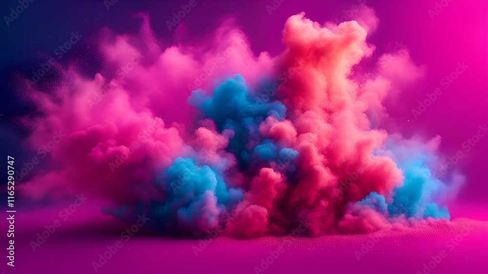 Fototapeta premium The colorful dust of pink neon powder explodes in a dynamic cloud, with a glowing frame surrounding the scene, creating a dazzling display of color against the cool blue backdrop.